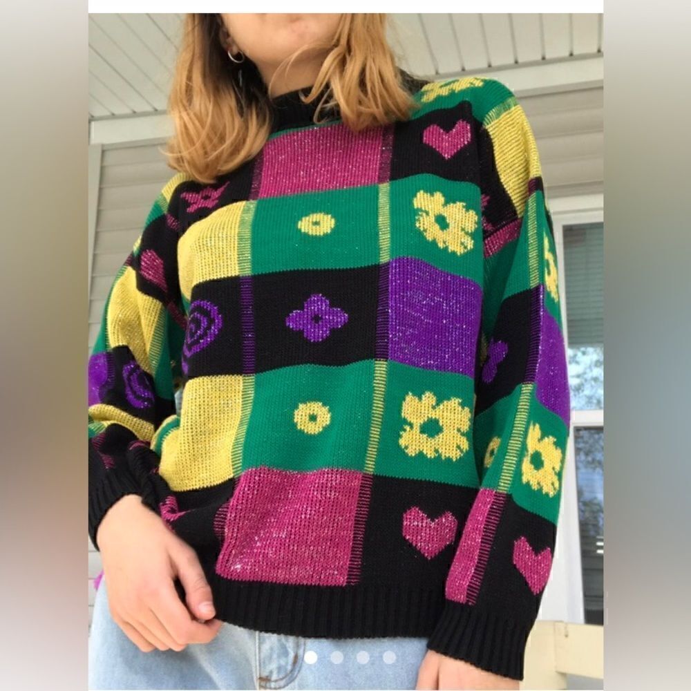 vintage sweater y2k floral‎ retro artsy festival cabin made USA womens medium